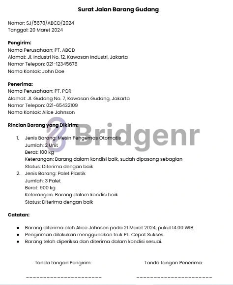 Contoh Surat Jalan Barang untuk Gudang