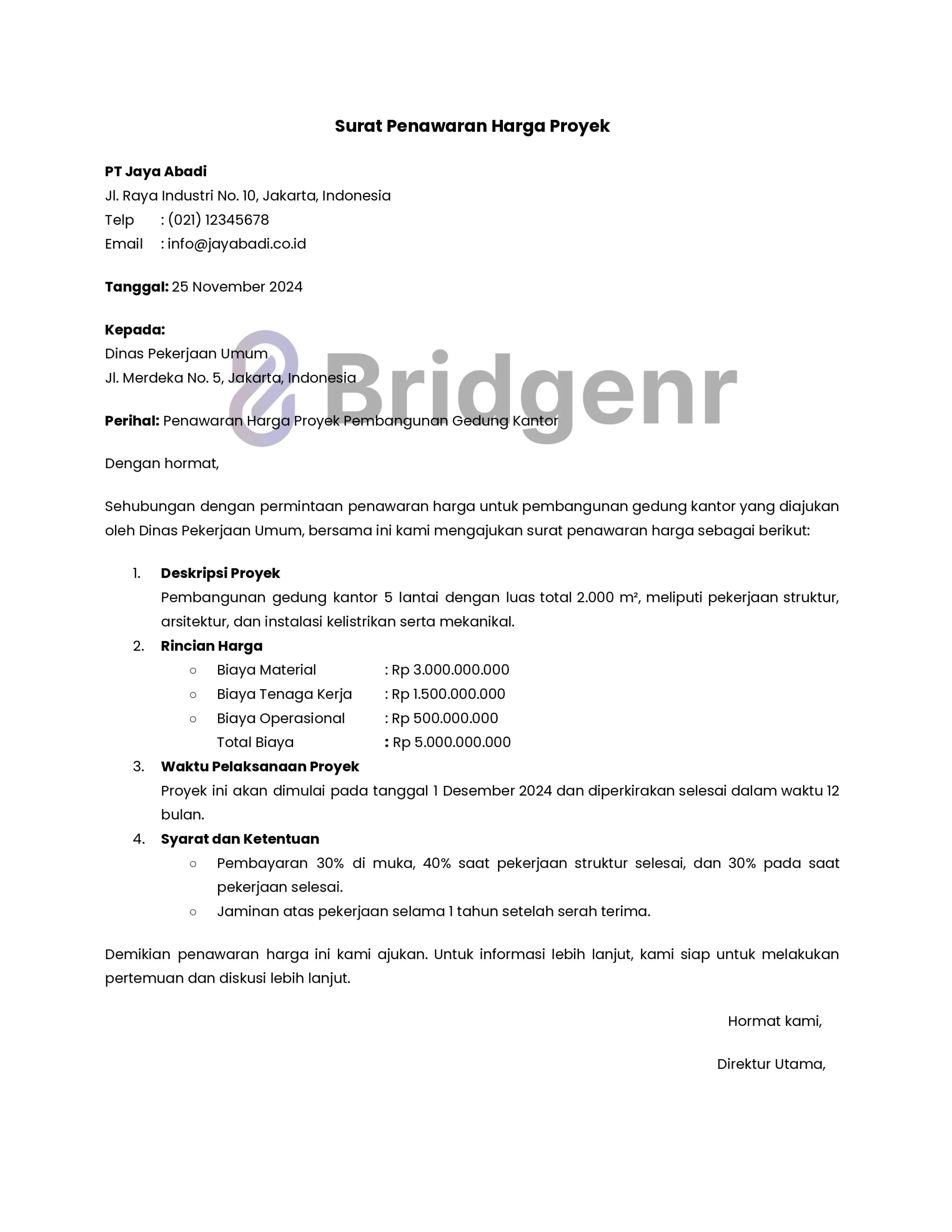 Contoh Surat Penawaran Harga Proyek