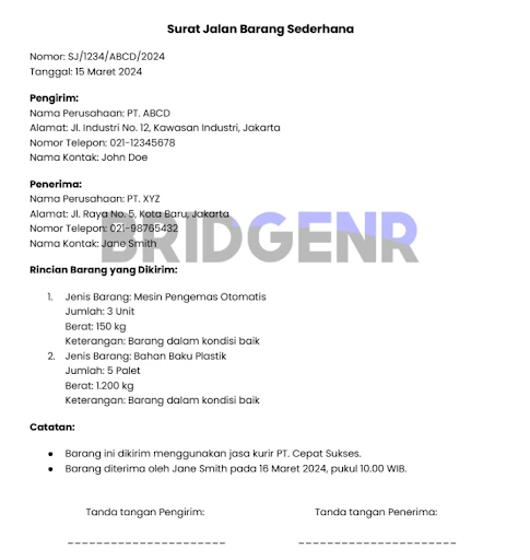 Contoh Surat Jalan Barang Sederhana