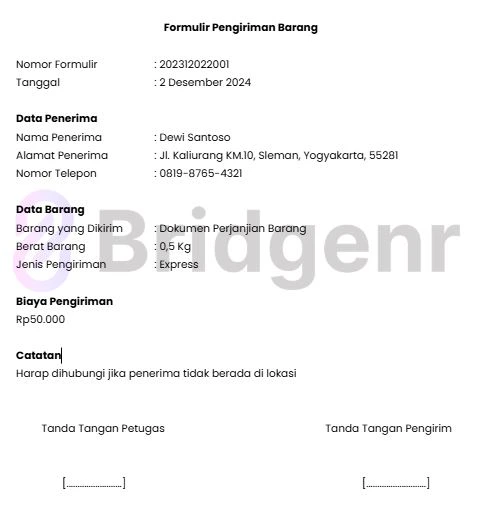 Contoh Formulir Pengiriman Barang